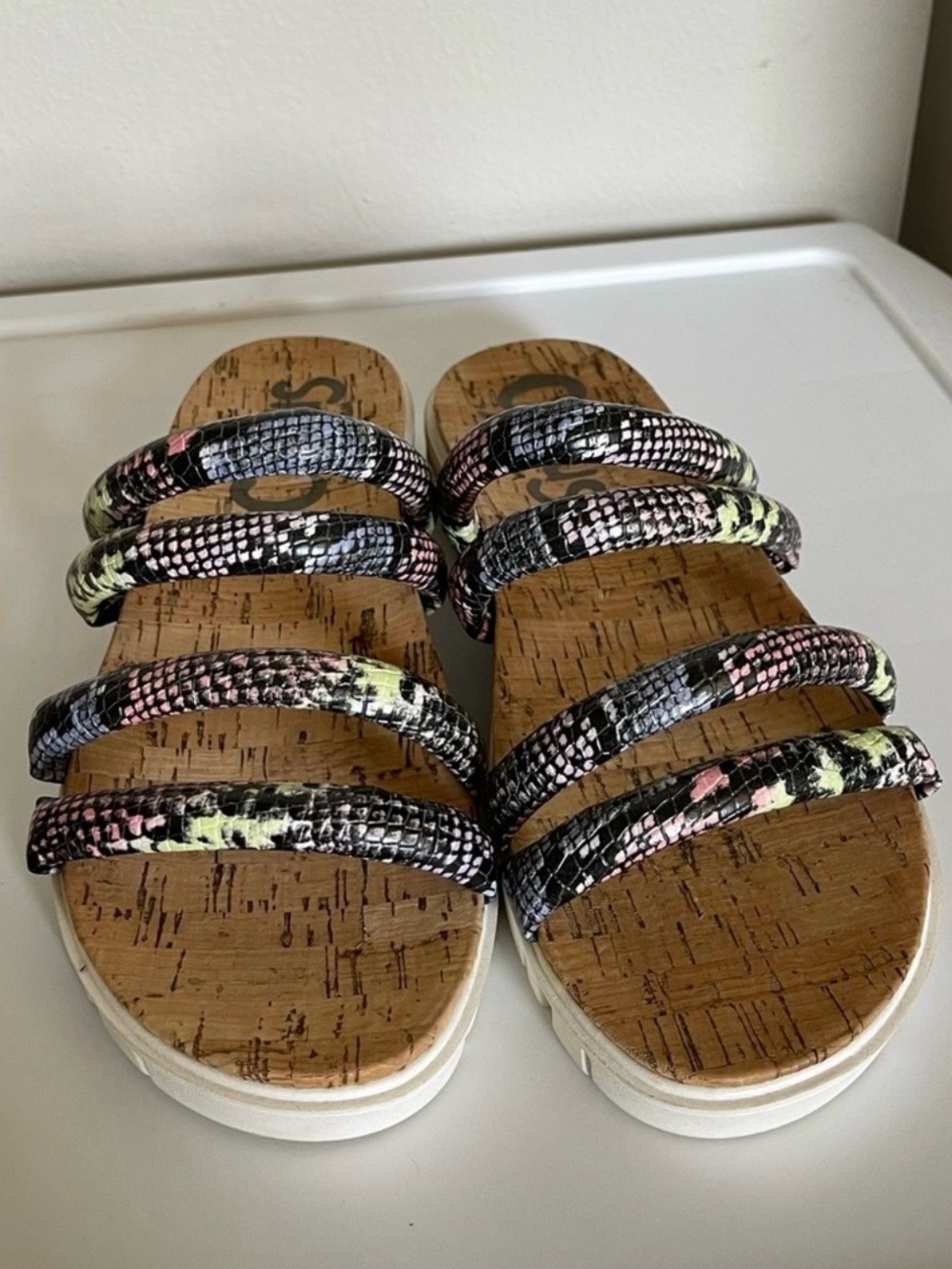 Women’s Cork Slide Sandals with Black & Pastel Snake Straps